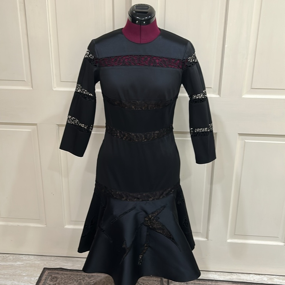 Sachin & Babi Noir Black Cocktail Dress with Lace Inserts and Ruffled Hem - Sz 2